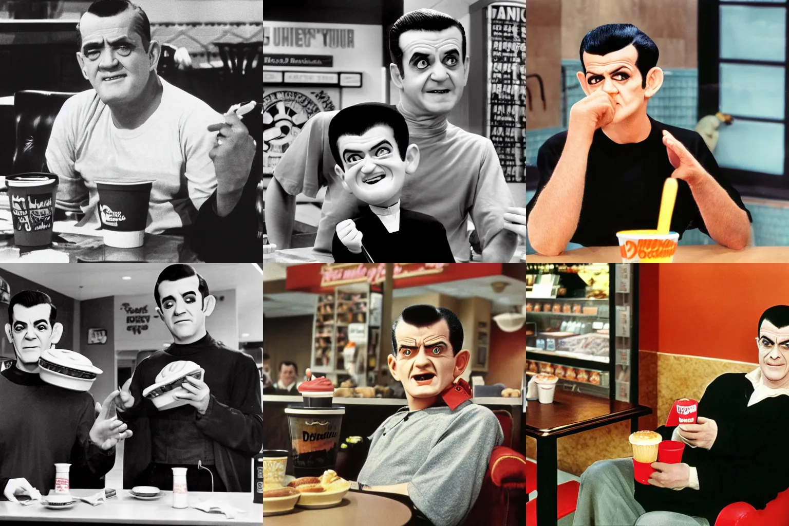 Prompt: Color still of old man as Eddie Munster from The Munsters (1964) relaxing in dunkin donuts, wearing a black T-shirt, with accurate face, UHD, DSLR photo