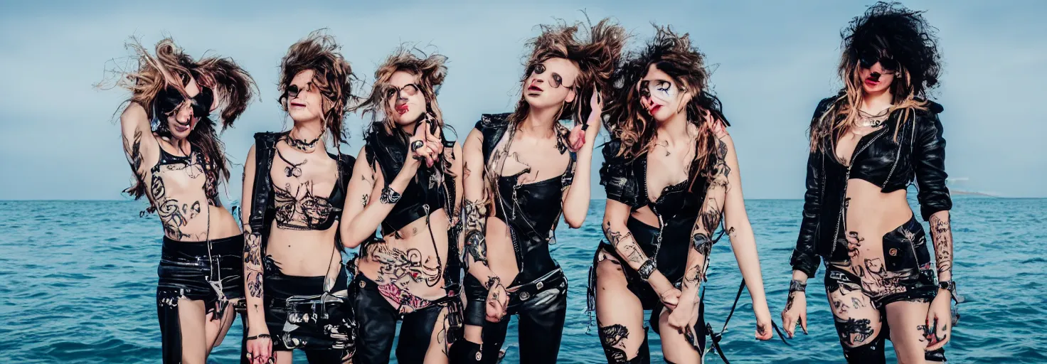 Image similar to girls on the sea, punk style, high quality, 8 k