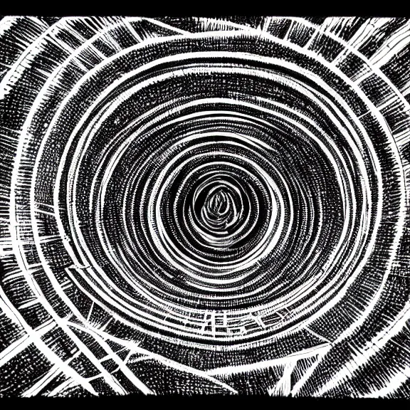 Image similar to near death experience artist's view of a dark hole, black and white DMT illustration, astronomical psychedelic tunnel with a bright white light, NDE