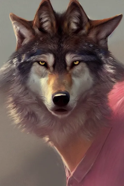 Image similar to painted portrait of realistic wolf wearing pink shirt, mature, handsome, blue eyes, intricate, digital painting, artstation, concept art, smooth, sharp focus, illustration, art by gaston bussiere and greg rutkowski