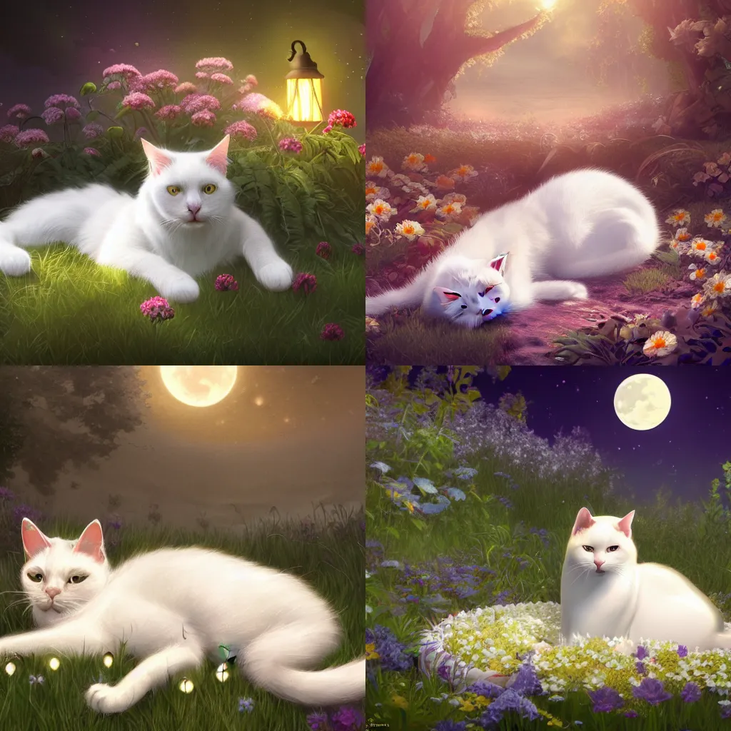 Prompt: white cat laying on a flowerbed wearing a golden crown under the moonlight, hyperdetailed, artstation, cgsociety, 8k