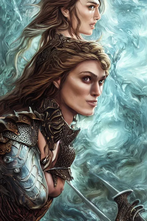 Image similar to A fantasy comic book style, composite portrait painting of Keira Knightley, Cory Chase as an Atlantean, Reptilian Warrior, Mystical Valkyrie, Armor, Sword, Spear, Sheild, François Boucher, Oil Painting, unreal 5, DAZ, hyper realistic, Photorealistic, octane render, Regal, Refined, Coherent, Detailed Digital Art, RPG portrait, William-Adolphe Bouguereau, Michael Cheval, Walt Disney (1937), Steampunk, Golden dappled dynamic lighting, Highly Detailed, Theophanic atmosphere, Cinematic Lighting, Unreal Engine, 8k, HD