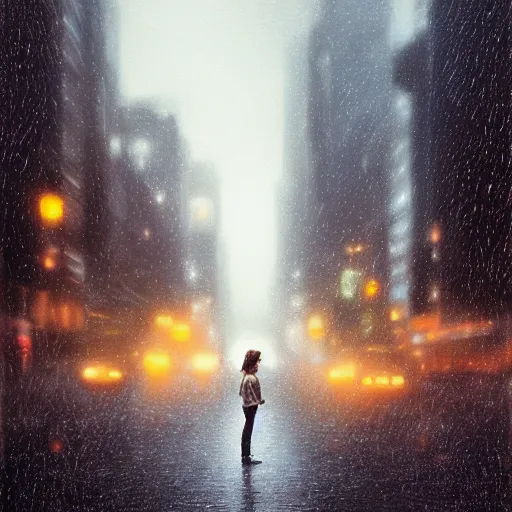 Image similar to detailed intricate digital illustration by greg rutkowski and artgerm and wlop and sanford robinson gifford and annie leibovitz ; girl standing in windy rainy city street, long exposure light streaks from car lights ; 1 3 mm film, cinestill 8 0 0 t, arri alfa anamorphic lens ; sharp focus ; trending on artstation 8 k close view