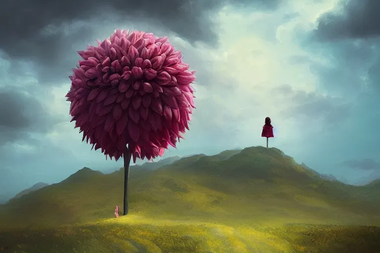 Prompt: closeup giant dahlia flower as head, girl standing on mountain, surreal photography, blue storm clouds, dramatic light, impressionist painting, digital painting, artstation, simon stalenhag