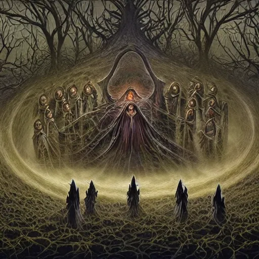 Prompt: a dark cabal of hooded elven mystics in long dark robes gathered in a circular formation around a highly advanced machine containing spirits of the dead, dan seagrave art, michael whelan