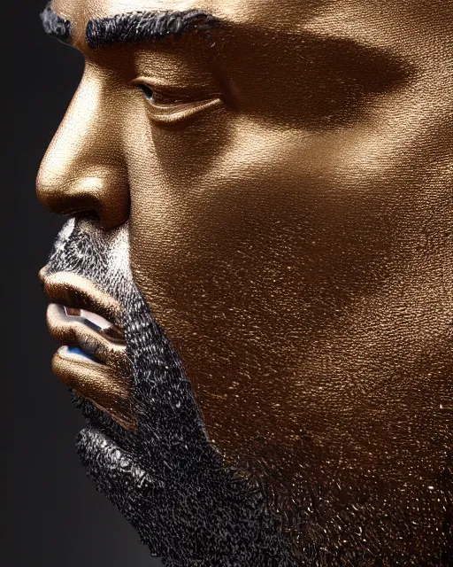 Image similar to highly detailed closeup, face profile portrait of a kanye west as a solid gold statue, depth of field, nicoletta ceccoli, mark ryden, lostfish, max fleischer, breathtaking, detailed and intricate environment, 8 k resolution, hyperrealistic, octane render