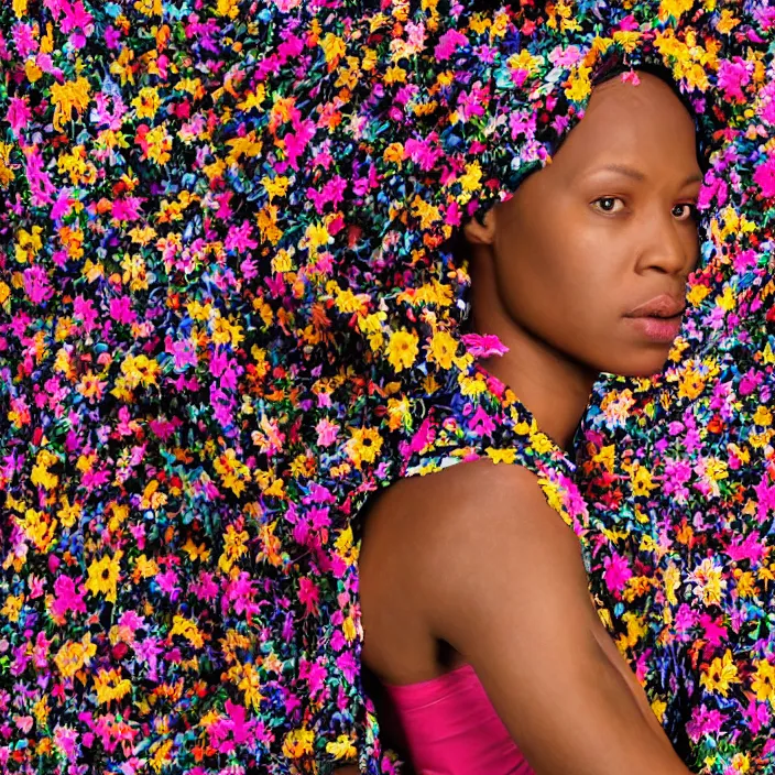 Prompt: a closeup portrait of a woman wearing a cloak made of plastic and mud, in an infinite landscape of flowers, photograph by kehinde wiley, canon eos c 3 0 0, ƒ 1. 8, 3 5 mm, 8 k, medium - format print