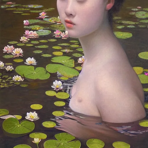 Prompt: a painting of a woman floating in a pond of water lillies, a photorealistic painting by liu jun, cgsociety, pre - raphaelitism, pre - raphaelite, deviantart, made of flowers