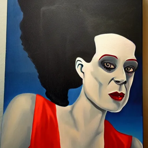 Prompt: Acrylic on canvas portrait of the Bride of Frankenstein