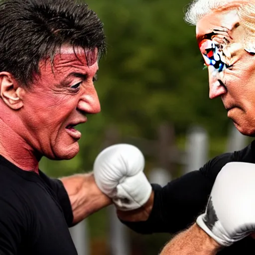 Prompt: Sylvester Stallone punching joe biden in a corn maze