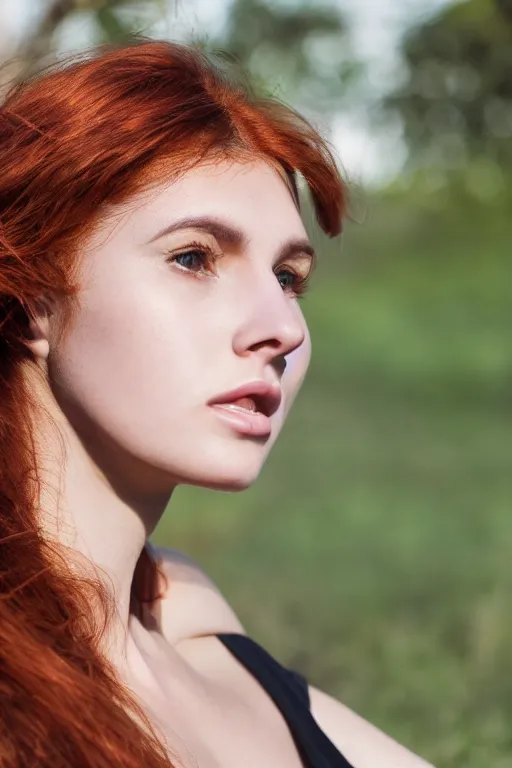 Image similar to olive skinned auburn hair female model in her twenties, wearing a designer top, looking content, focused on her neck, photo realistic, extreme detail skin, natural beauty, no filter, slr, golden hour, 4 k, high definition, selfie