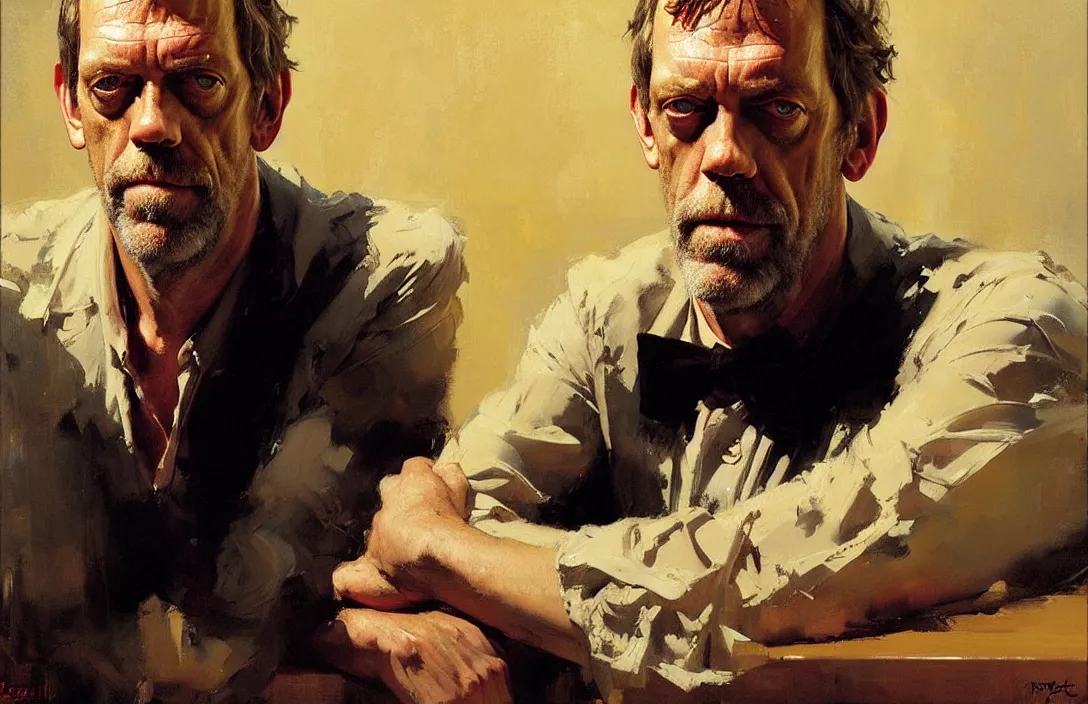 Image similar to portrait of hugh laurie!!!!!!!!!!!!!!!!!!!!!!!!!!!, detailed face, detailed painting, epic lighting, by ilya repin, phil hale and kent williams