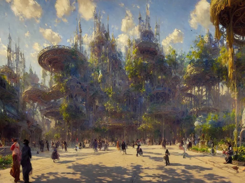 Prompt: impressionist brushstrokes!!!! solomon joseph solomon and richard schmid and jeremy lipking victorian loose genre loose painting of a busy elaborate ornate outdoor sci - fi park, cinematic, shadows, partly cloudy day, 4 k, detailed, by zaha hadid and beeple