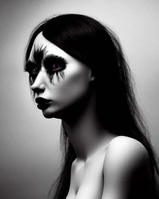 Prompt: surreal mythical dreamy dark artistic black and white fine art 3 / 4 portrait photo of a young delicate female mutant - cyborg with long pale feathers, rim light, cinematic, studio dramatic light, poetic, octane render, 8 k, photo - realistic