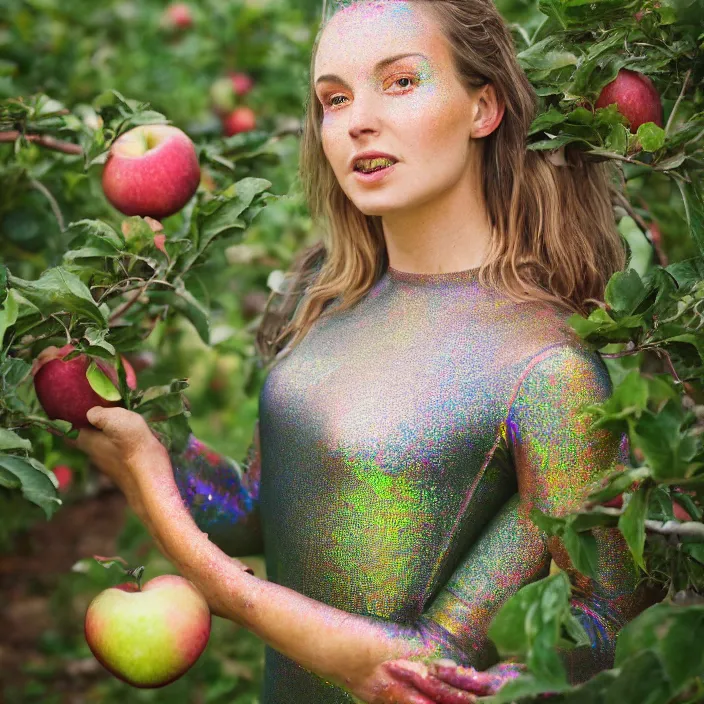 Prompt: a closeup portrait of a woman wearing a muddy iridescent holographic leotard, picking apples from a tree in an orchard, foggy, moody, photograph, by vincent desiderio, canon eos c 3 0 0, ƒ 1. 8, 3 5 mm, 8 k, medium - format print