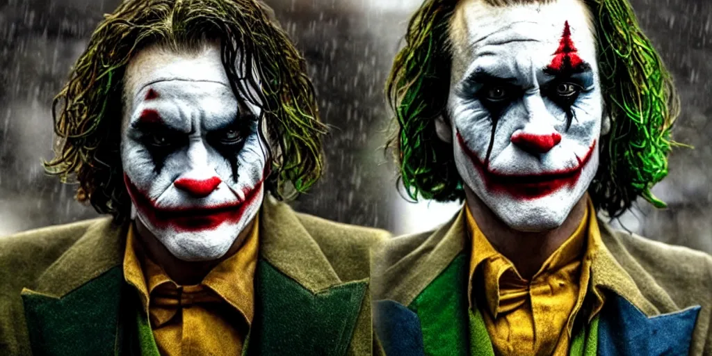 Image similar to joaquin phoenix as the joker, in the rain