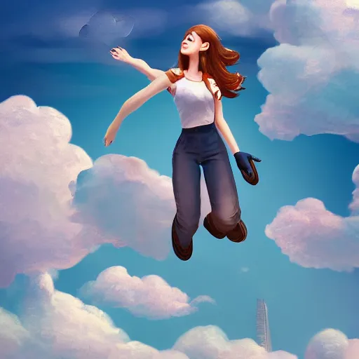 Image similar to spuergirl flying, cityscape, cloud day, artstation, 8 k