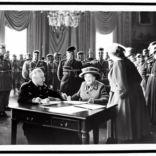 Prompt: ultra wide 1 9 4 6 historical photo 1 3 5 mm of a single german general signing a peace treaty, a young queen elizabeth holds a corgi and watches the general sign the treaty, french village interior, highly detailed, sharp focus