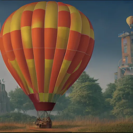 Image similar to hot air balloon hotel by H.P. Lovecraft, abaddon and magali villeneuve, ghibli moebius, 8k, epic scene, scifi, unreal engine, trending on cg station. masterpiece.