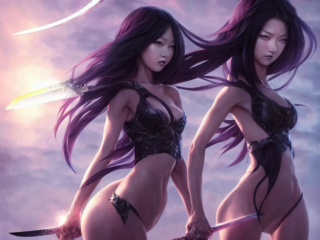 Image similar to extremely beautiful aesthetic ego sword in a shape of girl, black long hair, occlusion shadow, specular reflection, rim light, unreal engine, octane render, artgerm, artstation, art by hiroaki samura and jiro matsumoto and yusuke murata, high quality, highly detailed 8 k, fantasy illustration, beautiful shape of body