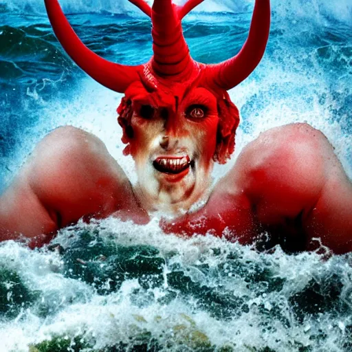 Prompt: a devilish red monster with horns emerging from boiling rough seas, close - up portrait photo by david lachapelle, masterpiece, trending on flickr