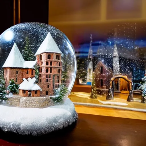 Image similar to A snowglobe is on display with a castle inside.