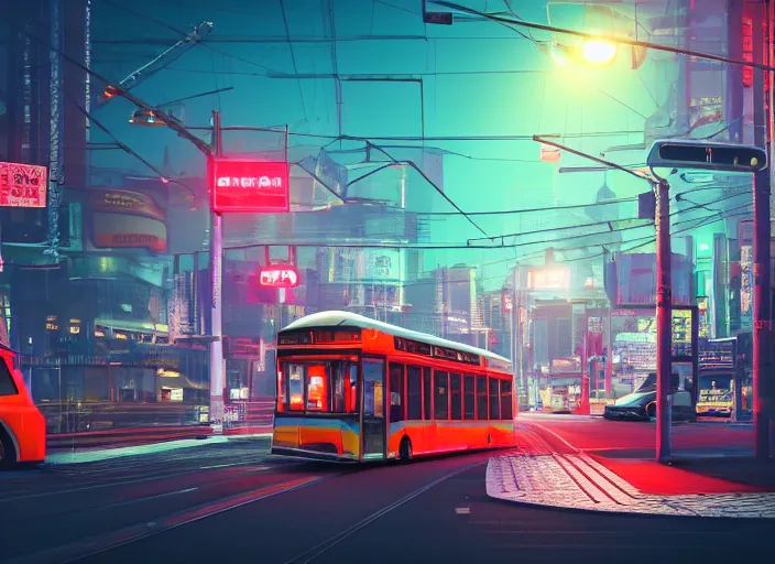 Image similar to trolleybus stands at a stop, headlights shine with neon light, atmospheric, futuristic, cyberpunk, ray tracing global illumination, 8 k resolution, ultra detailed