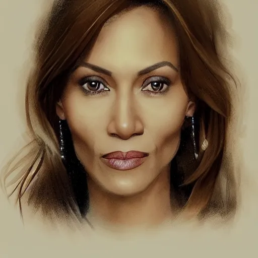 Image similar to portrait of maci holloway in the oval office, first woman elected as president in usa, cold but beautiful, about 3 5 years old, highly detailed, mix of halle berry and julia roberts, gong li, olga kurylenko, artstation hd, deviantart, by artgem, greg rutkowski