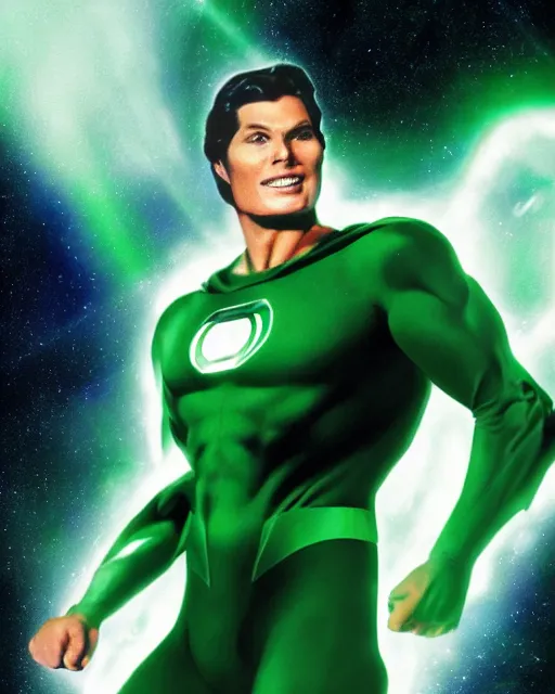 Image similar to photos of actor Christopher Reeve as a Green Lantern soaring thru outer space, photogenic, spit-curl in hair, particle effects, photography, studio lighting, cinematic, photorealistic, trending artstation