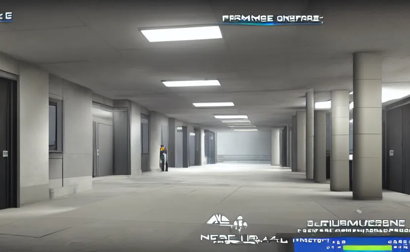 Image similar to screenshot of a first person shooter game on unreal engine 5, narrow modern hallways of a government office facility with white dry wall, photorealistic, retrofuturism