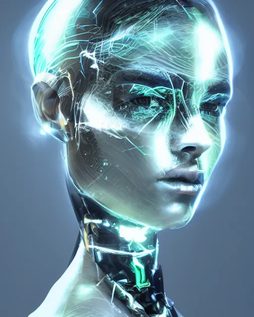 Image similar to fashion portrait, most beautiful girl in the world, glowing cybernetic augments, hyperrealism, year 2447, cdx