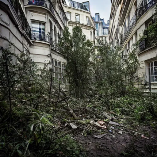 Prompt: photo of an overgrown paris in ruins