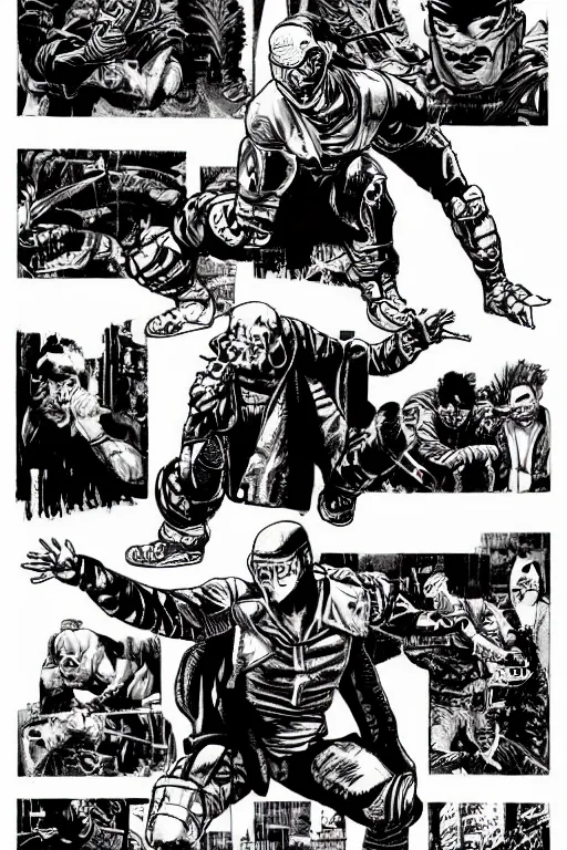 Prompt: cyborg ninja doing kung fu, a page from cyberpunk 2 0 2 0, style of paolo parente, style of mike jackson, adam smasher, johnny silverhand, 1 9 9 0 s comic book style, white background, ink drawing, black and white