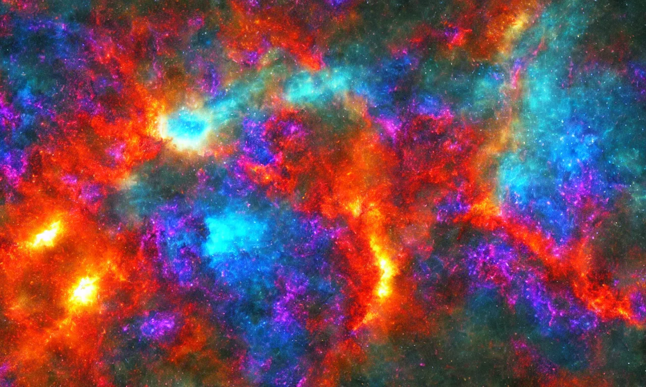 Image similar to lava flowing through a shimmering cavern into the depths of a colorful space nebulae being distorted by dark matter, realistic 3d render