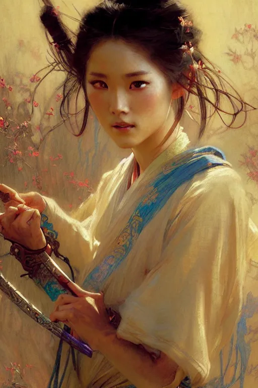 Image similar to attractive female, wuxia, painting by gaston bussiere, craig mullins, greg rutkowski, alphonse mucha