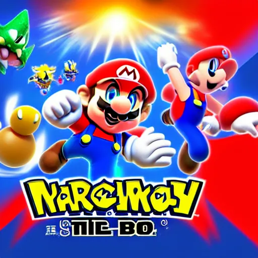 Image similar to super mario, kirby, sonic the hedgehog, super smash bros, star wars themed movie poster high detail accurate eyes and good gesture poses, pokemon anime cartoon style