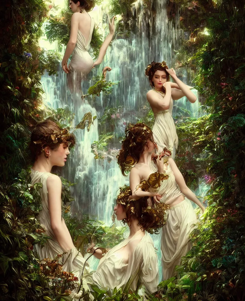 Image similar to hyper realistic photographer looking through a vintage medium format camera, magic pouring from lens, fantasy castle, full body waterfall dress, design on white background, beautiful details, lush foliage cyberpunk, gold, drawn by john singer sargent, tom bagshaw, norman rockwell, alphonso mucha, lolish, trending on artstation