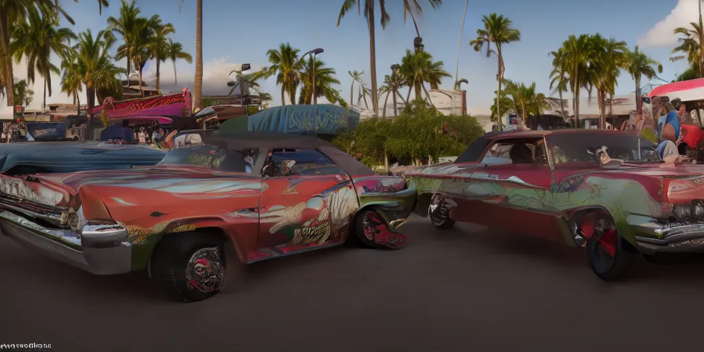 Image similar to highly detailed photo of an award winning lowrider, cruising at a car show, car bounce, air suspension, fan girls, 8 k, octane render, unreal engine, ue 5, photoshop, maya, ray tracing