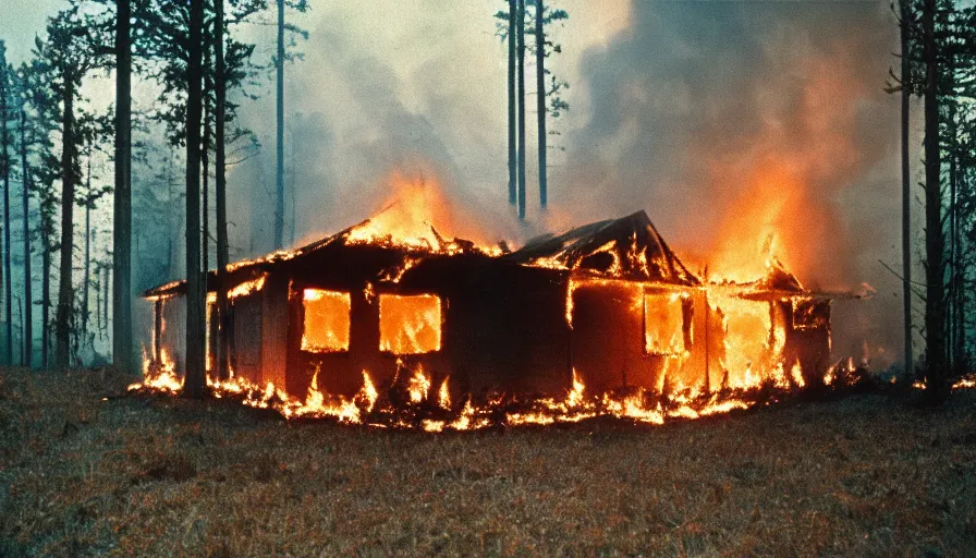 Prompt: 1 9 7 0 s movie still of a burning house in a pine forest, cinestill 8 0 0 t 3 5 mm, high quality, heavy grain, high detail, texture, dramatic light, ultra wide lens, panoramic anamorphic, hyperrealistic,