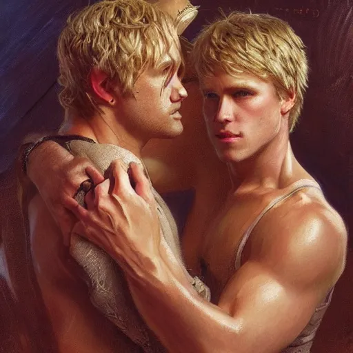 Prompt: attractive male, arthur pendragon who has blond hair confesses his love to attractive male, merlin who has dark hair. highly detailed painting by gaston bussiere, craig mullins, j. c. leyendecker 8 k