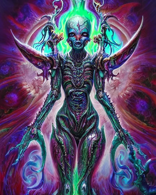 Image similar to silver mechanical charred bloody fleshmetal cyborg daemonhost woman psychedelic flamer of tzeentch with extra arms, blue and green rainbow fire, by antonio j. manzanedo, alex grey, android jones, wayne barlowe, raymond swanland, cyril rolando, josephine wall, harumi hironaka, cronenburg, trending on artstation