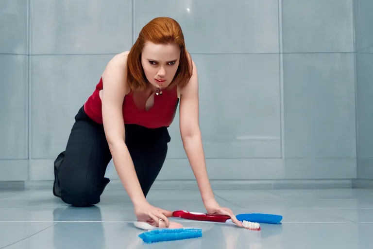 Image similar to close up of scarlet johannson as a female android on her hands and knees polishing the floor with a toothbrush, high resolution film still, 4 k, hdr color