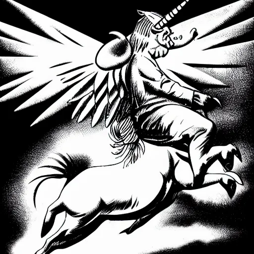 Image similar to winged flying pig with unicorn horn, richard corben style, black and white, 8k