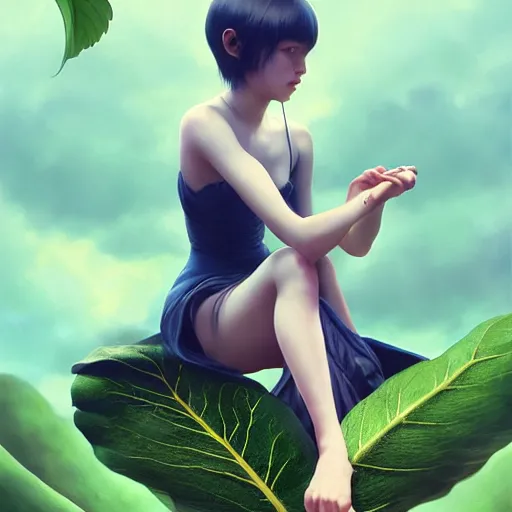 Image similar to very very small little girl by tom bagshaw, sitting on a gigantic green leaf by ilya kuvshinov, rtx rendering, octane render 1 2 8 k, maya, extreme high intricate details by wlop, digital anime art by ross tran, medium shot, close up shot, composition by sana takeda, lighting by greg rutkowski