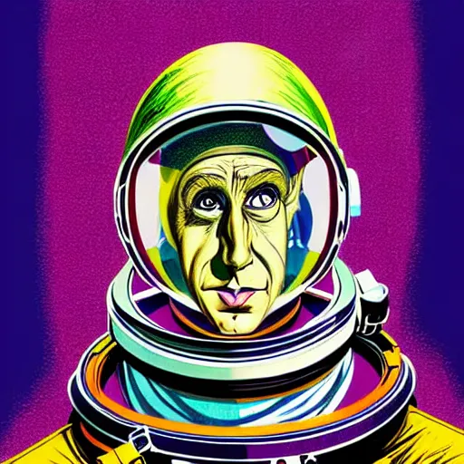 Image similar to graphic illustration, creative design, willy wonka as an astronaut, biopunk, francis bacon, highly detailed, hunter s thompson, concept art