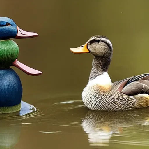 Image similar to a cute mallard duck that is helping it’s friend through relationship troubles by being funny and making it’s friend laugh