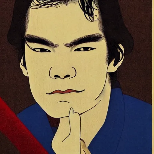 Prompt: michael c hall portrait by ikenaga yasunari and ayana otake and ko rakusui, 6 0 s poster, drawing, realistic, sharp focus, japanese, dreamy, nostalgia, faded, golden hues, floral clothes