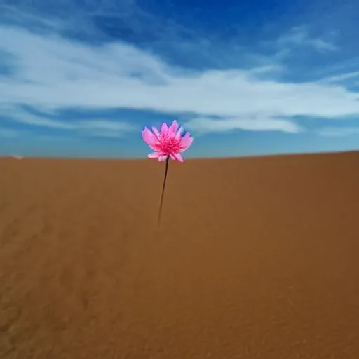 Prompt: a single small pretty desert flower blooms in the middle of a bleak arid empty desert, sand dunes, clear sky, low angle.