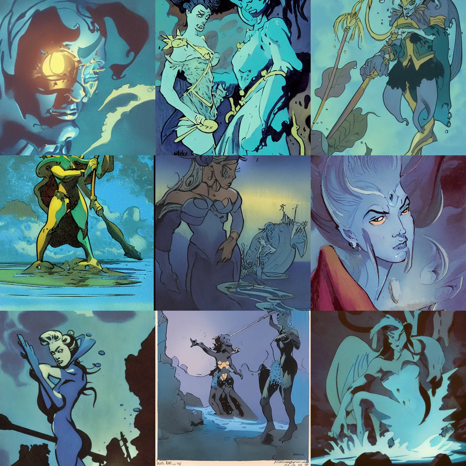 Prompt: closeup fantasy with water magic, at gentle dawn blue light, painted by mike mignola