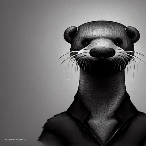 Prompt: anthropomorphic masculine otter in costume, juanjo guarnid, by wlop, concept art, highly detailed, stylistic, noir, b & w, symmetric